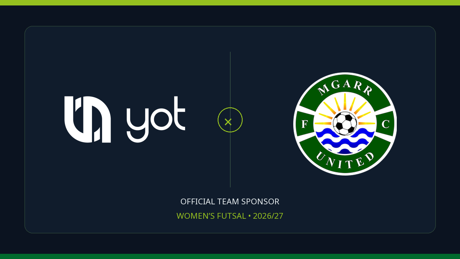 YOT LTD and Mġarr United FC official logos announcing YOT as women’s futsal team sponsor for 2026/27