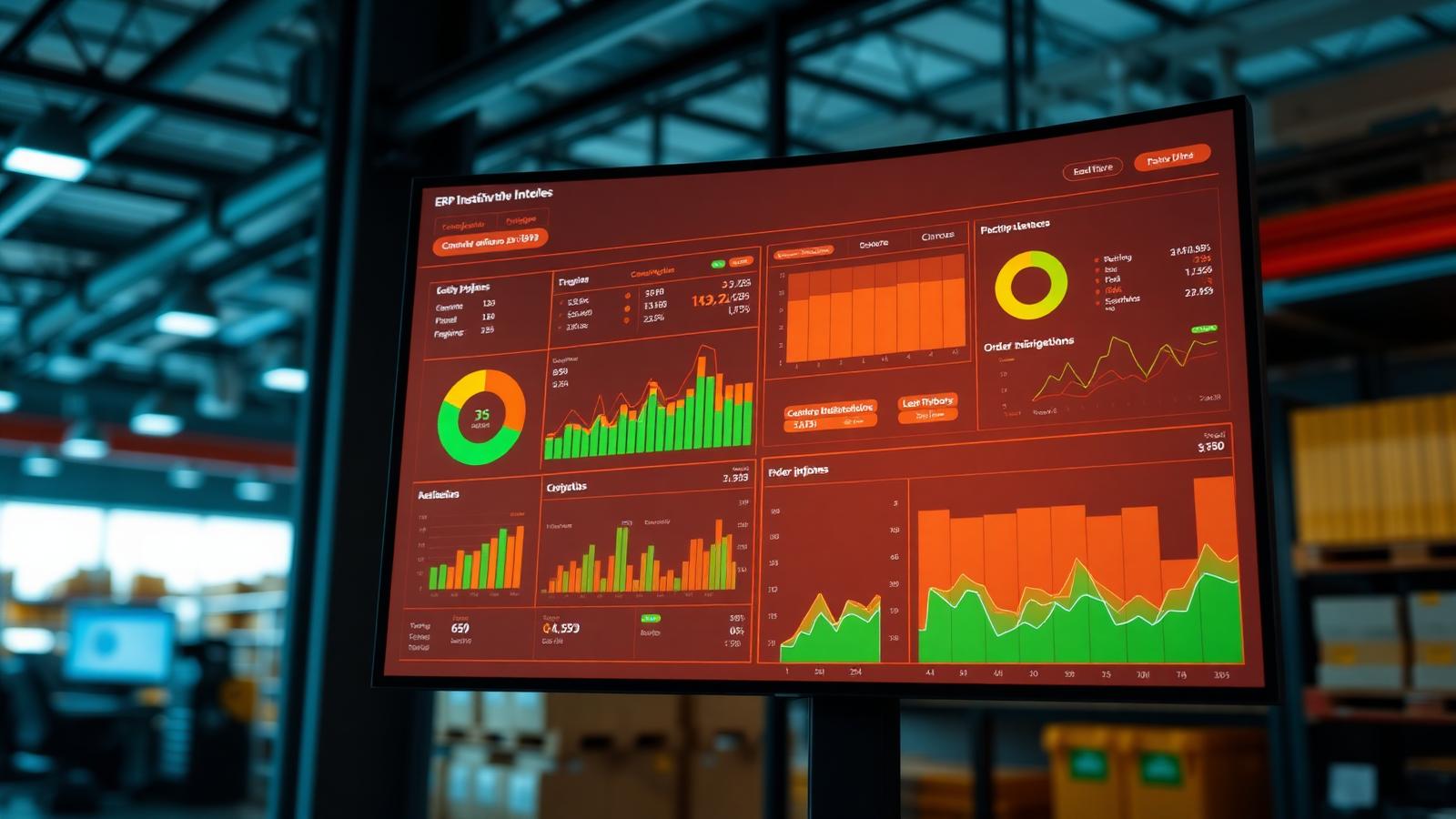 Operations dashboard showing order pipelines and quote metrics on a large screen in a distribution office