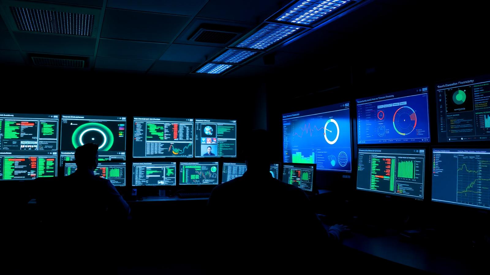 Security operations centre with analysts monitoring threat detection dashboards on multiple screens