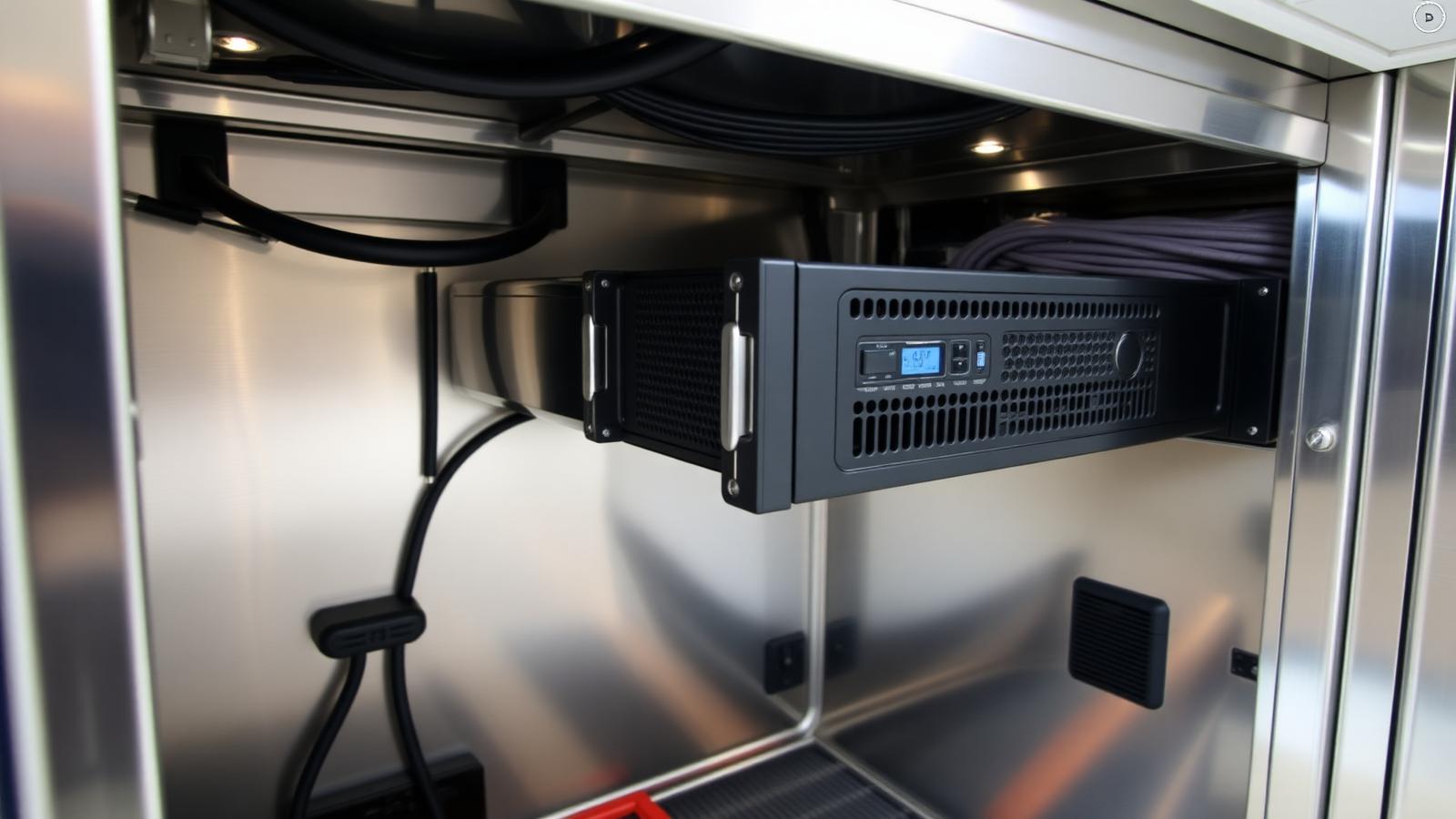 1U rack-mount server installed in a stainless steel technical cabinet aboard a yacht
