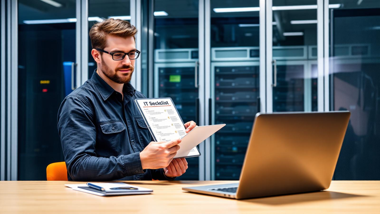 IT service provider reviewing a client onboarding checklist on a tablet in front of a server room