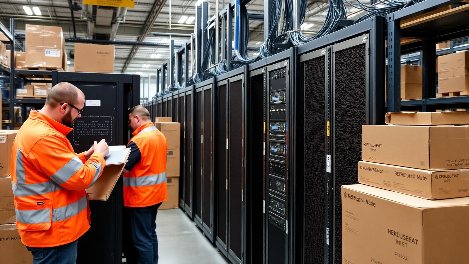 Technicians labelling and testing pre-built network racks in a staging warehouse before shipment