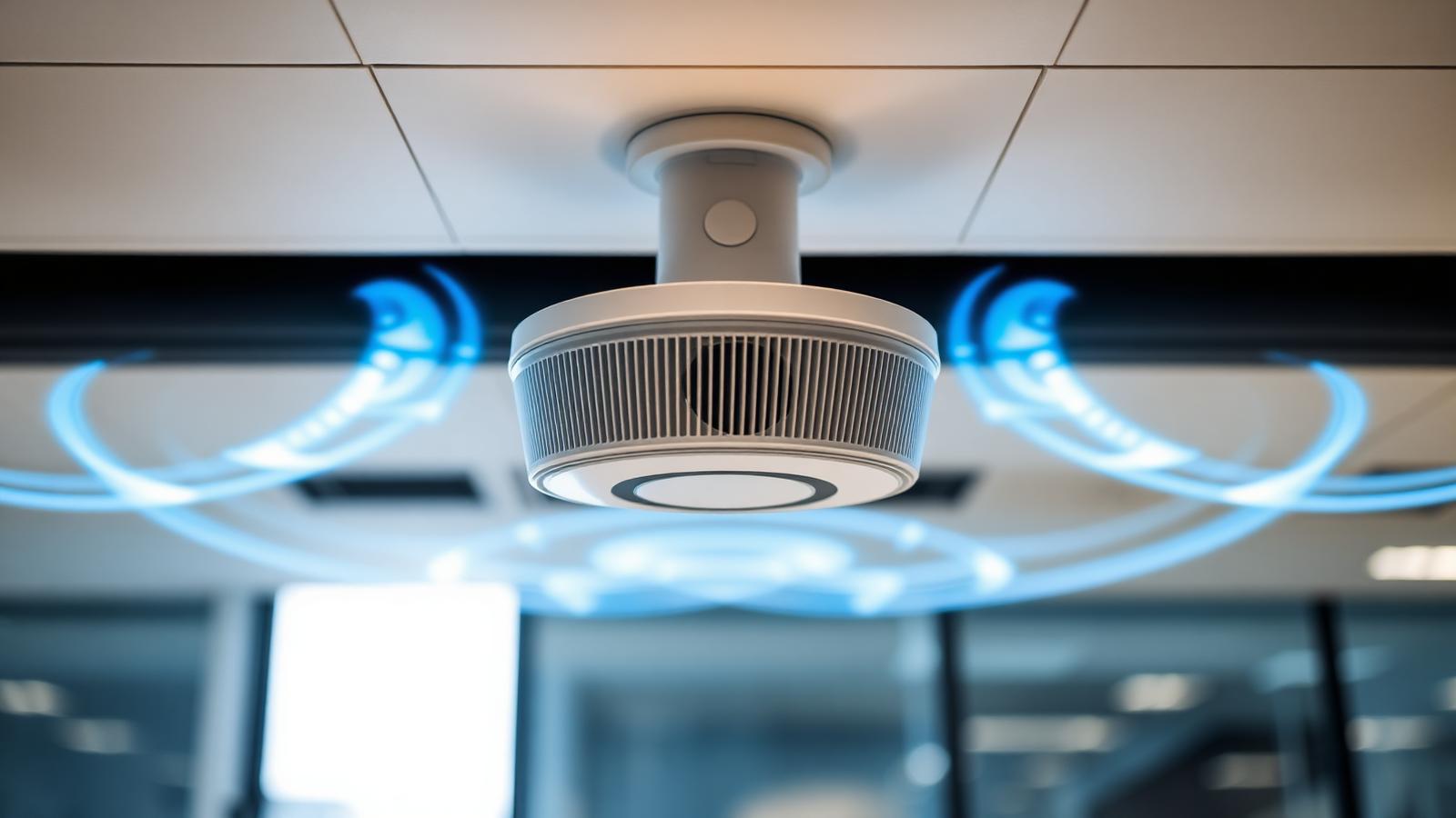 Ceiling-mounted wireless access point in a modern office with visualised signal coverage