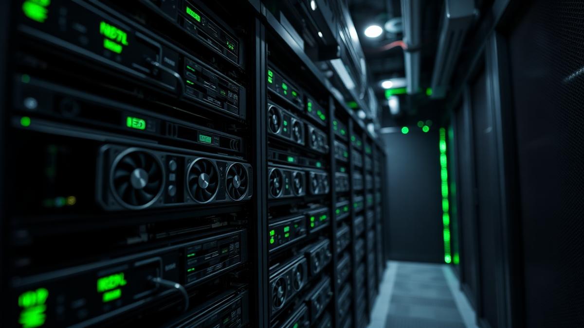 GPU accelerator cards installed in rack servers inside a data centre aisle