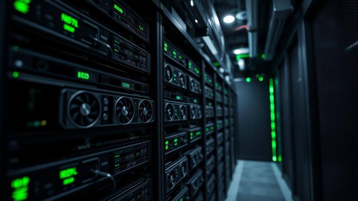 GPU accelerator cards installed in rack servers inside a data centre aisle