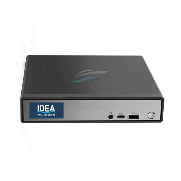 IDEA NR-110 fanless compact desktop edge node with IDEA Data Solutions branding and front USB ports