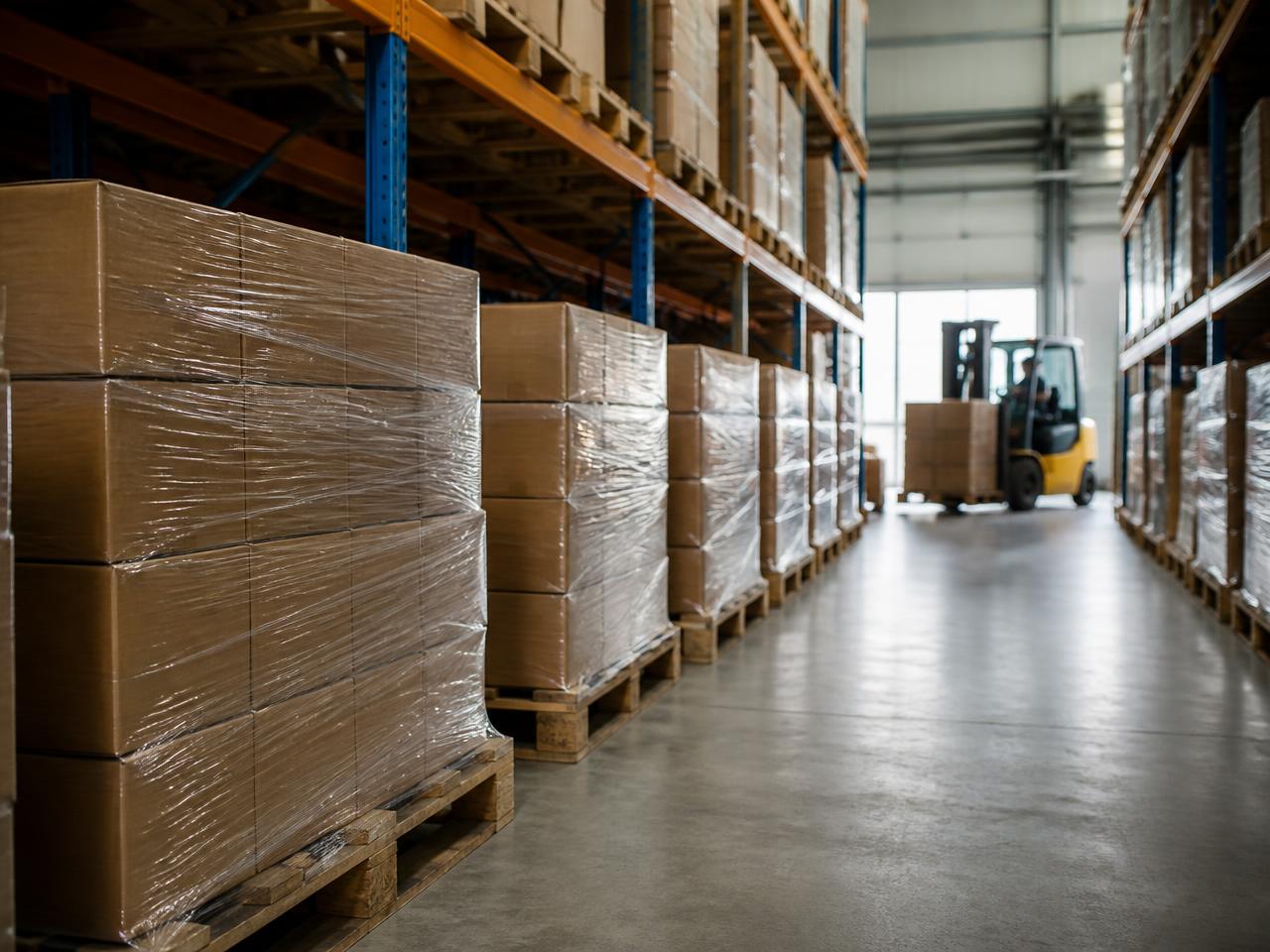 Pre-built network racks staged in a logistics warehouse ready for dispatch