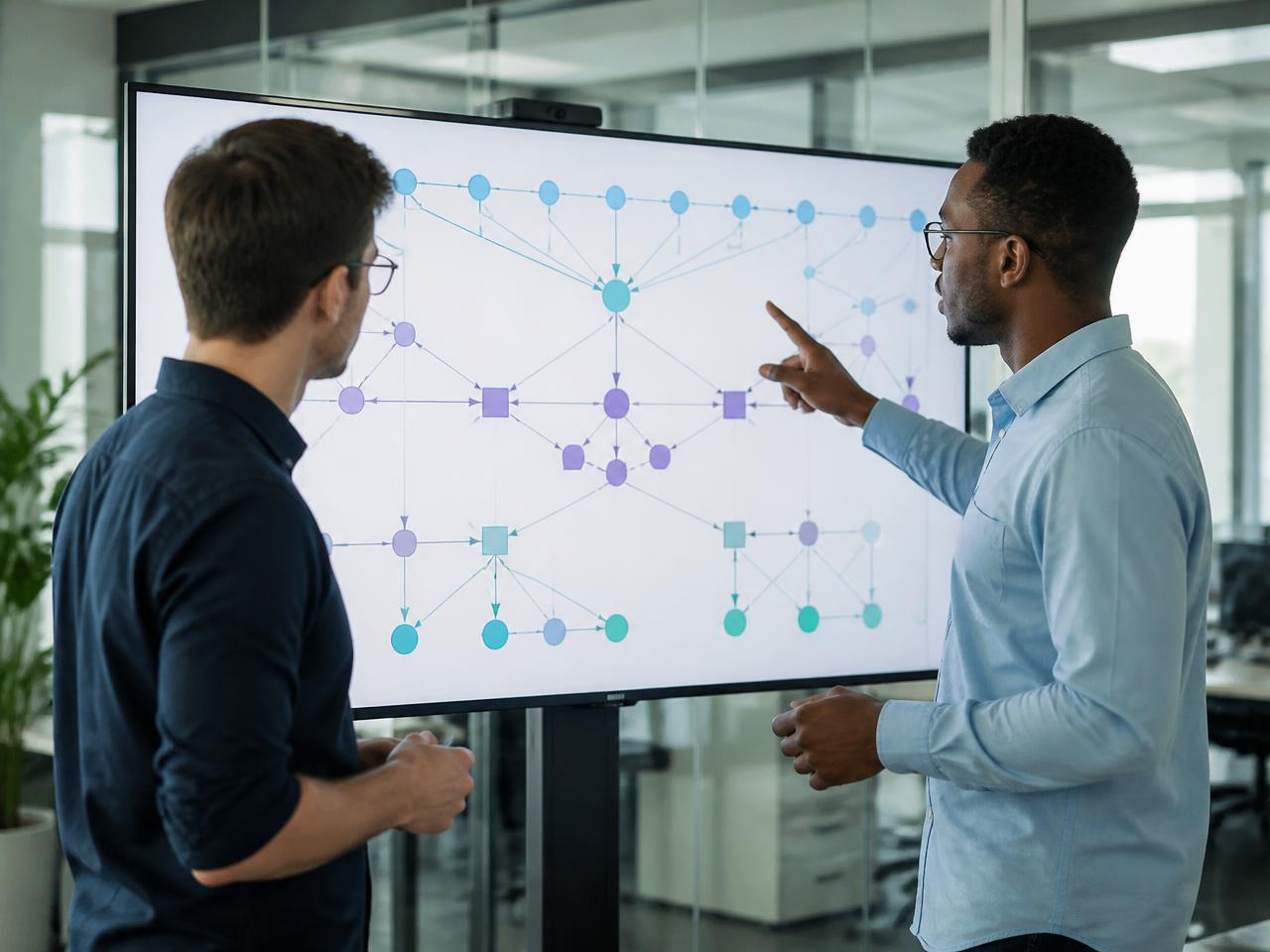 YOT LTD engineers reviewing a network topology diagram during technical pre-sales