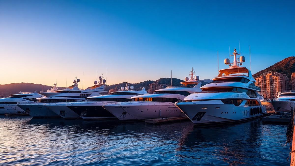 Superyachts moored in Port Hercules, Monaco, at golden hour during the yacht show