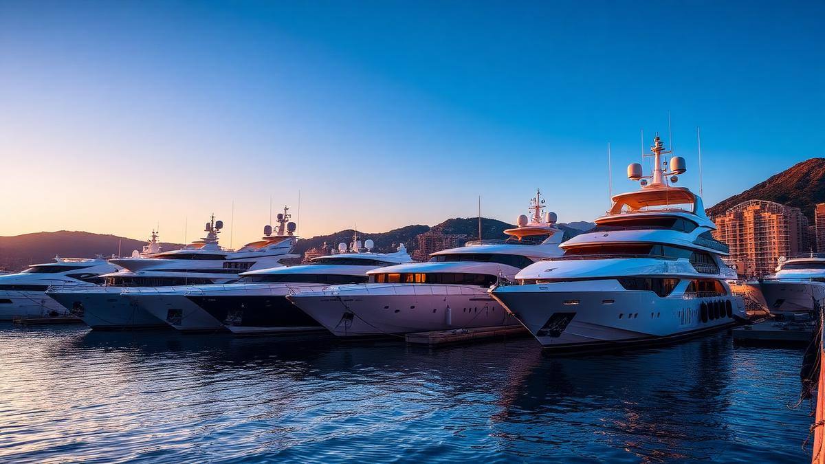 Superyachts moored in Port Hercules, Monaco, at golden hour during the yacht show