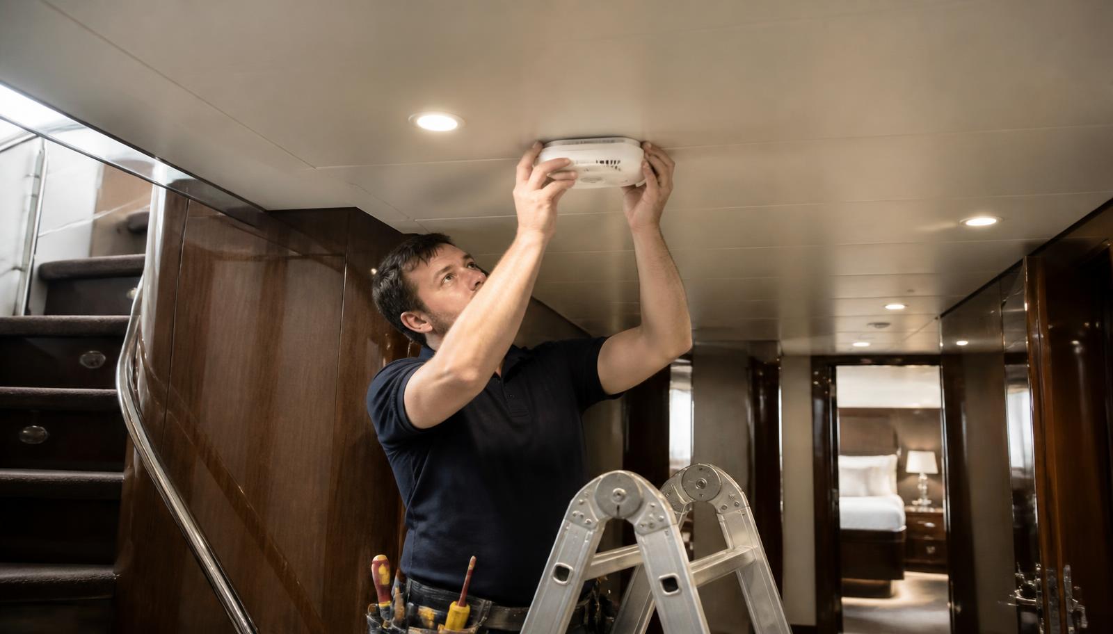 Technician installing a wireless access point in a vessel corridor headliner during a network refit