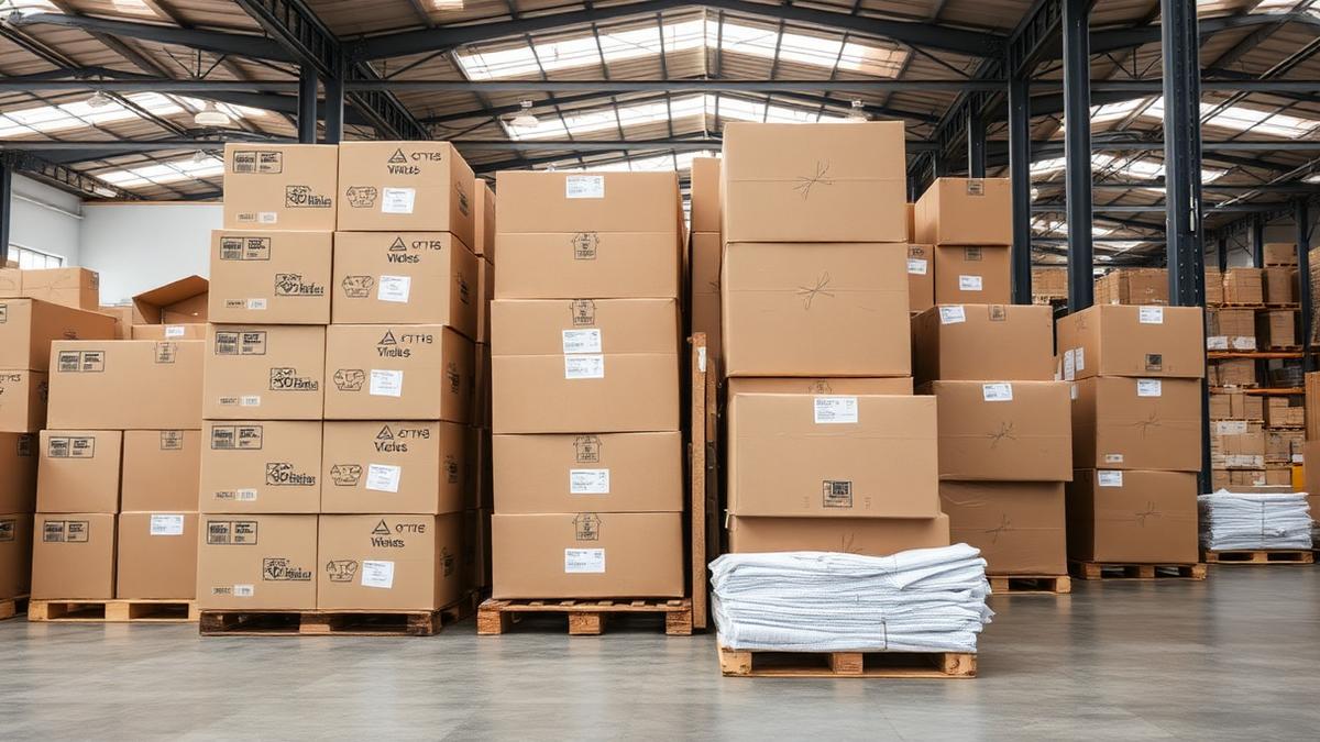 Recyclable cardboard packaging and paper void fill stacked on pallets in a warehouse