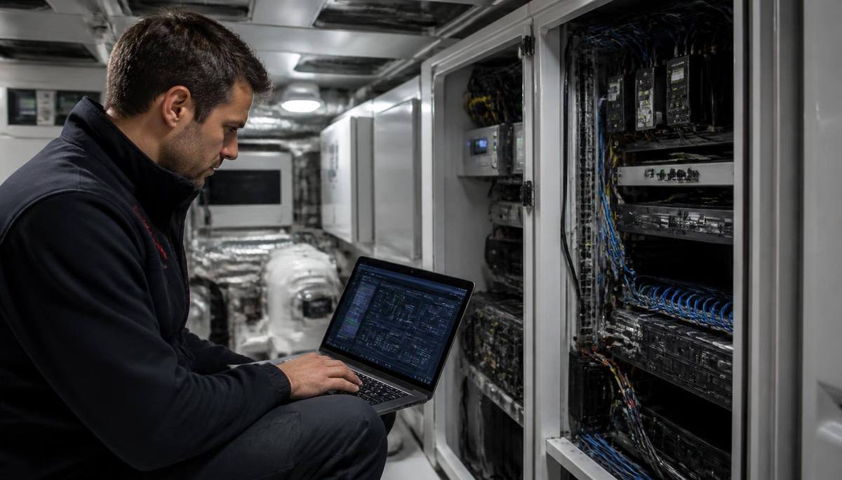 YOT LTD engineer commissioning and checking installed hardware at handover